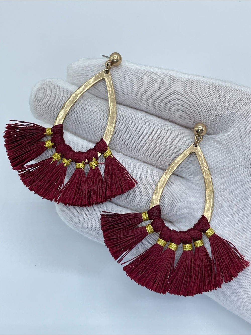 Burgundy Tassel Statement Earrings Gold Tone Boho Fringe Dangle 3”